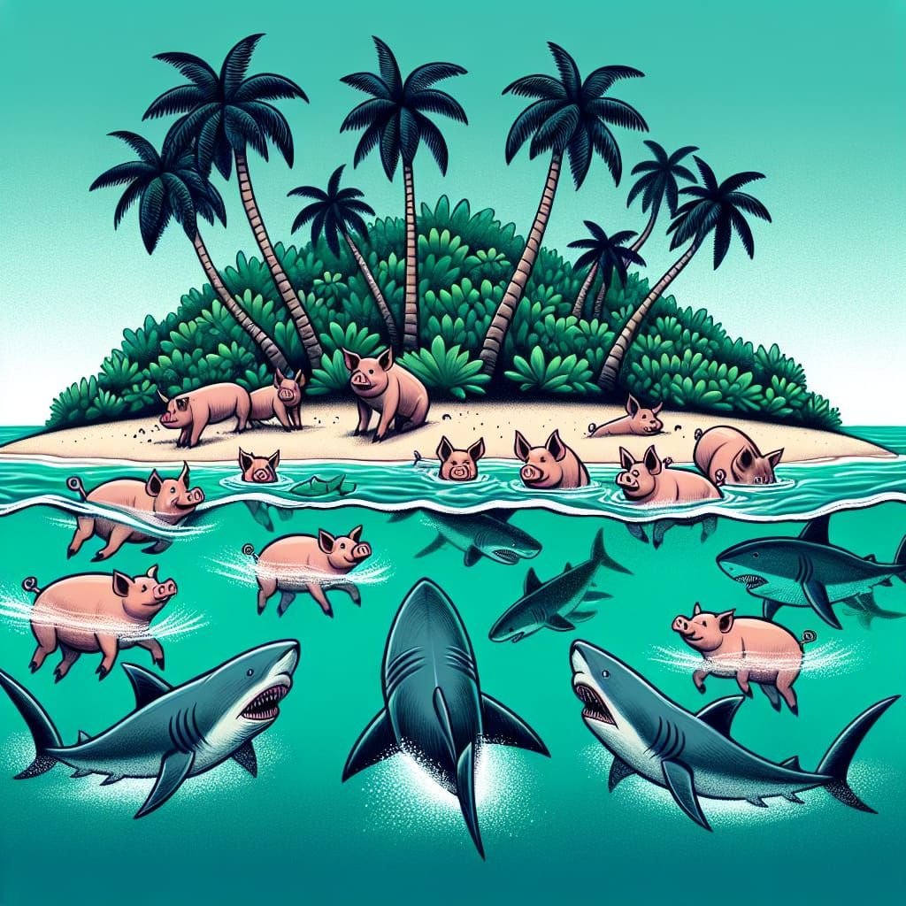 Pigs and Sharks off a Tropical Island Coast