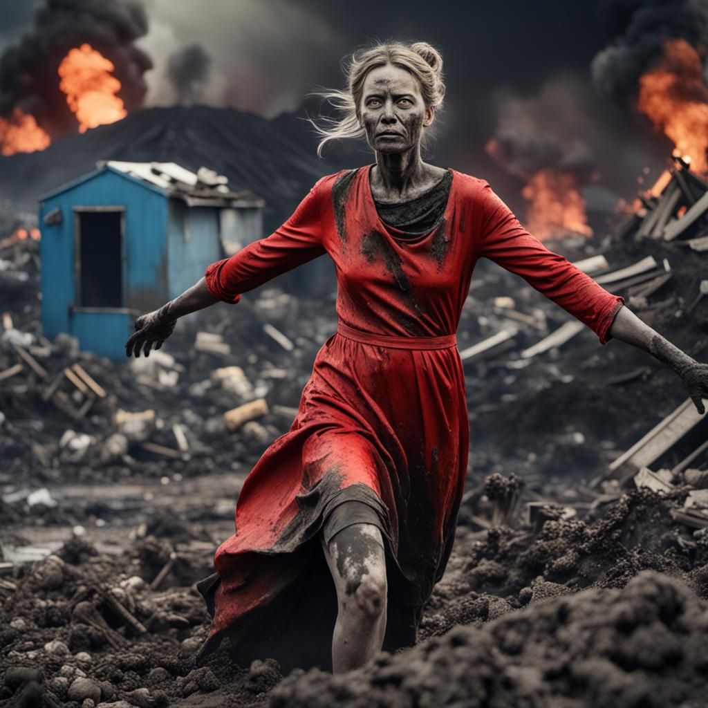 Apocalyptic Woman in Red Dress, 3D Rendering