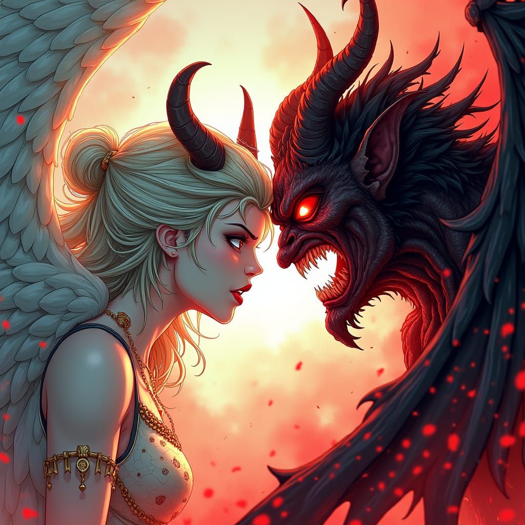 Angel and Demon Face-Off in Manga Anime Style