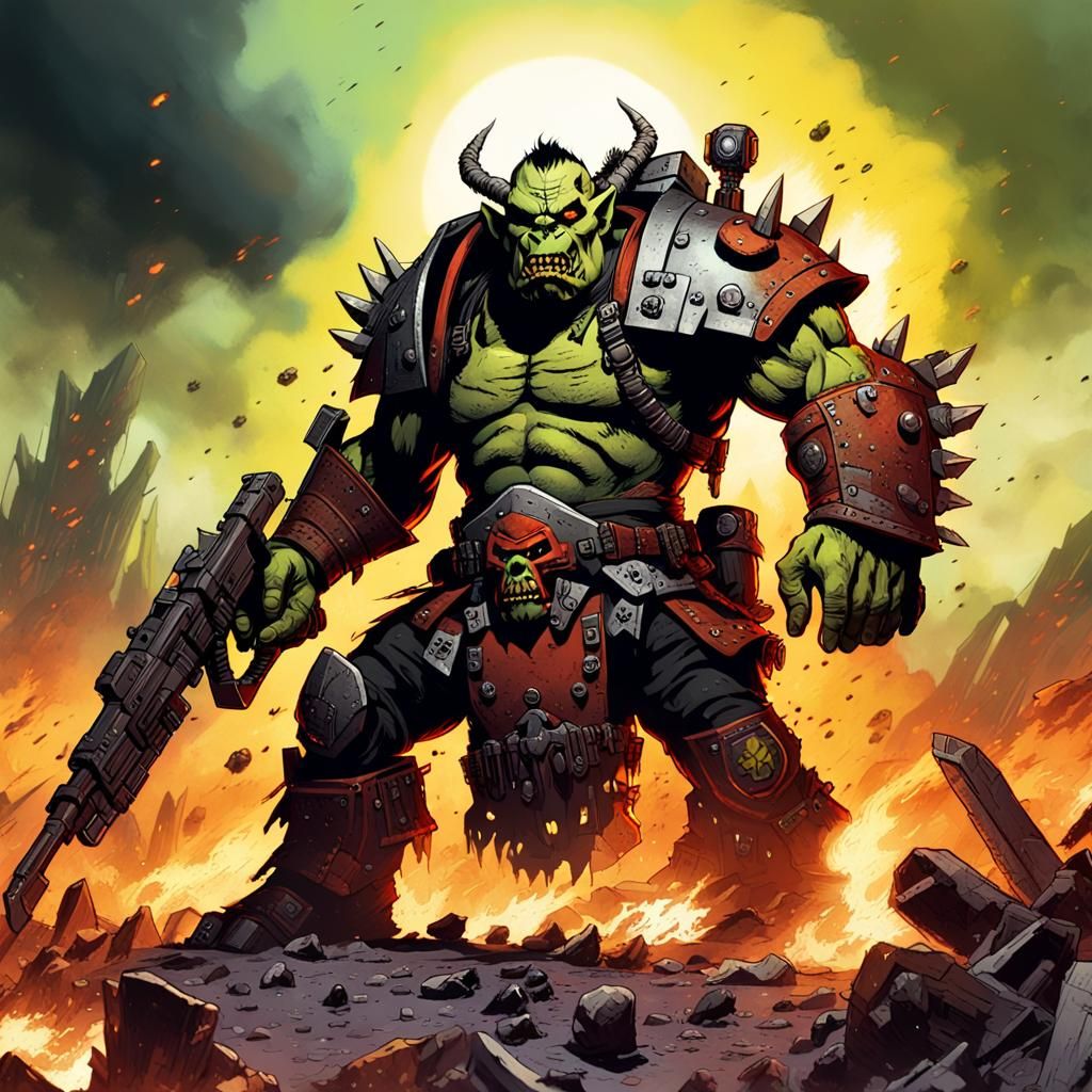 Ork Warlord on Sci-Fi Battlefield in Comic Book Style