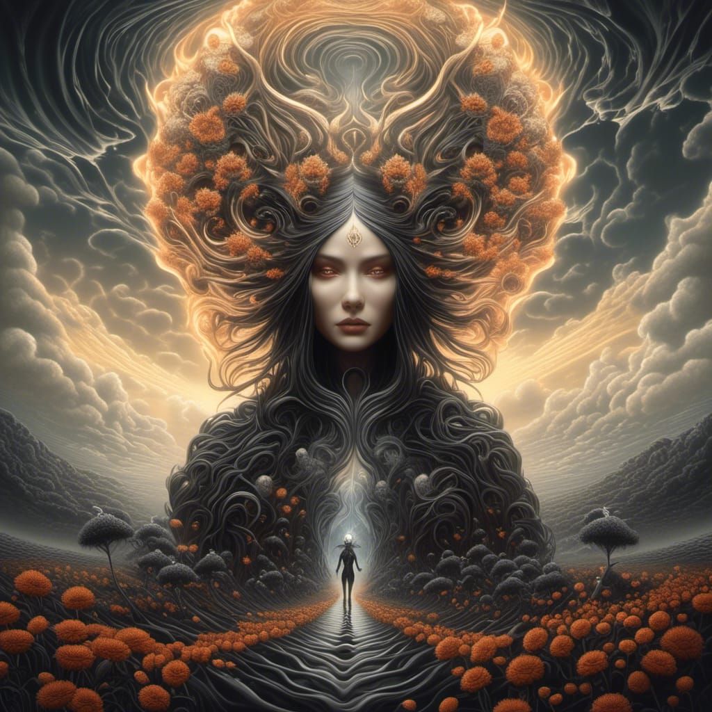 Surreal Metallic Priestess in Dali-Inspired Landscape