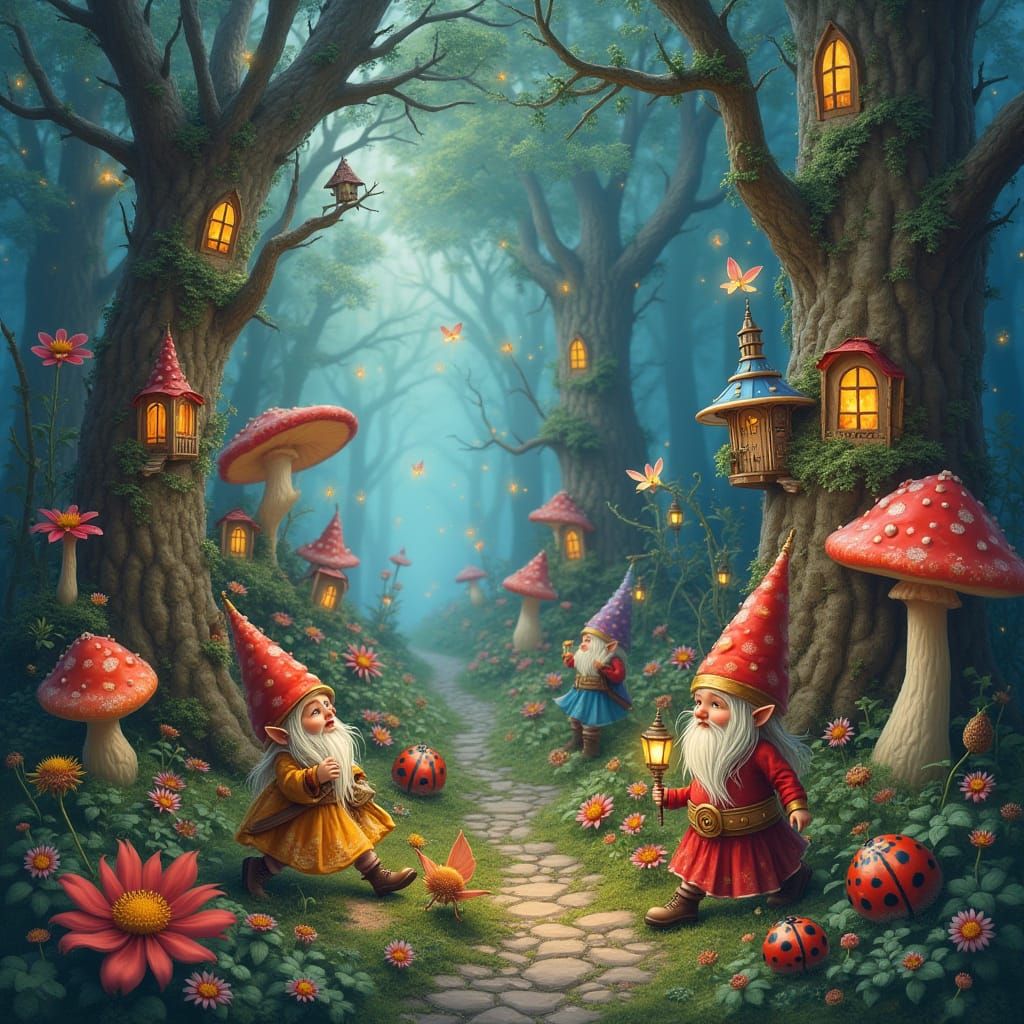 Gnomes in Vibrant Dreamlike Landscape