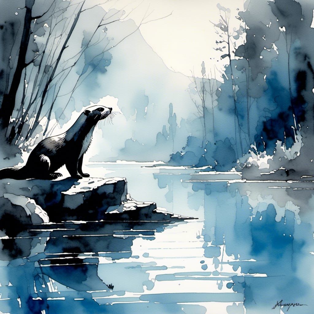 Otter in Blue Lake: Black and White Watercolour