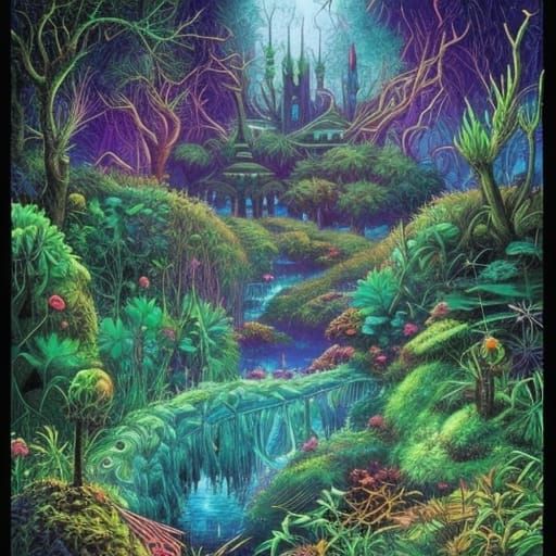 Exotic Overgrown Water Garden in Gothic Comic Style