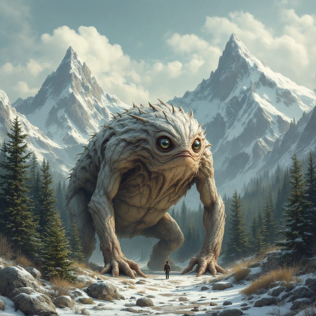 Otherworldly Creature in Snowy Mountain Forest