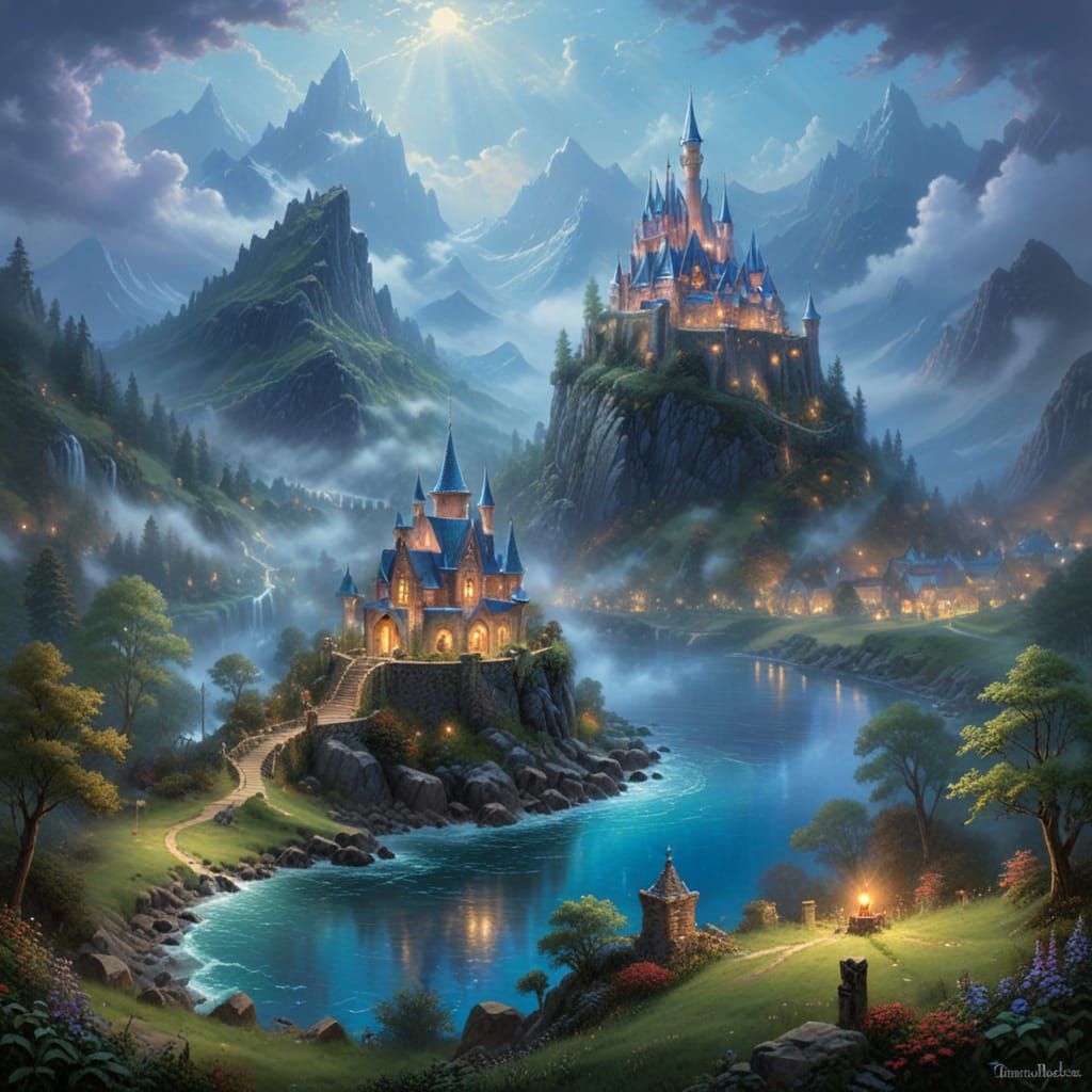 Ethereal Elven Castle in a Misty Fantasy Realm