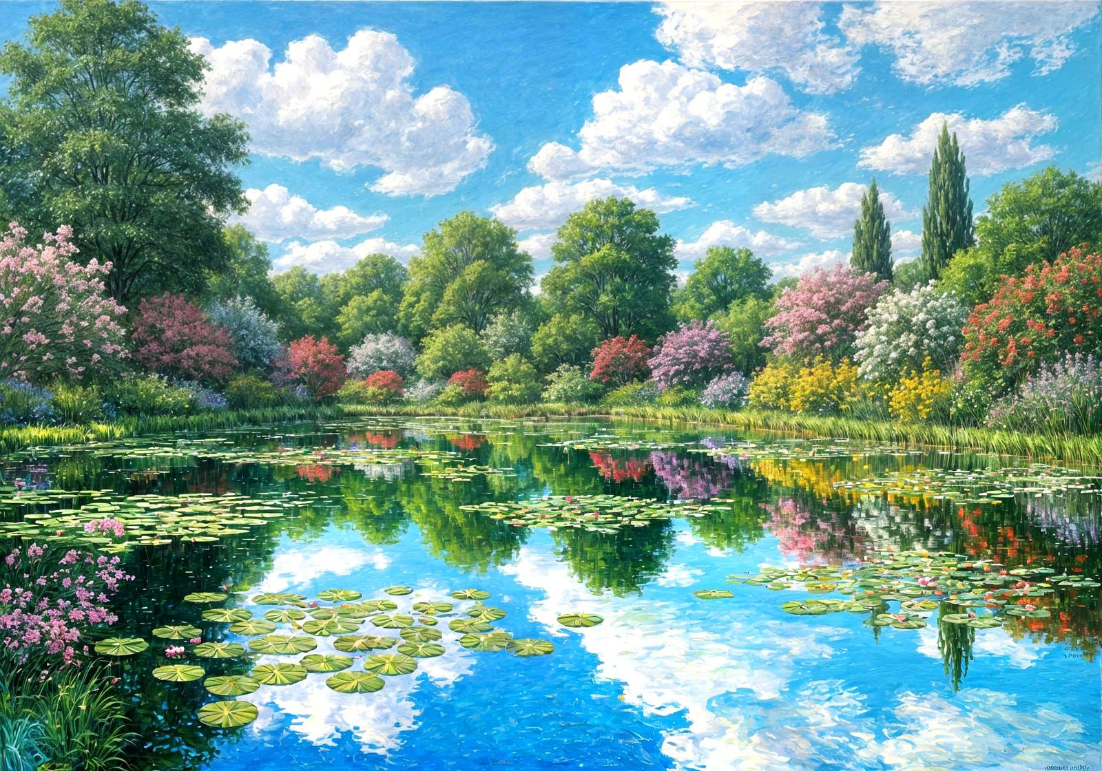 Vibrant Garden Reflected in Pond, Impressionist Style