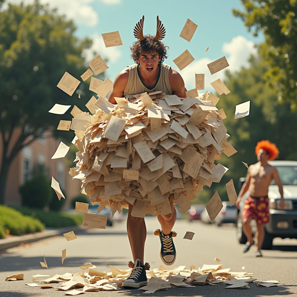 Comical Hermes Mail Delivery in Hyper-Realistic Style