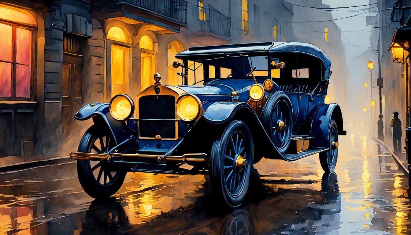 Minerva Machine Gun Car in Rainy Alley, Watercolor