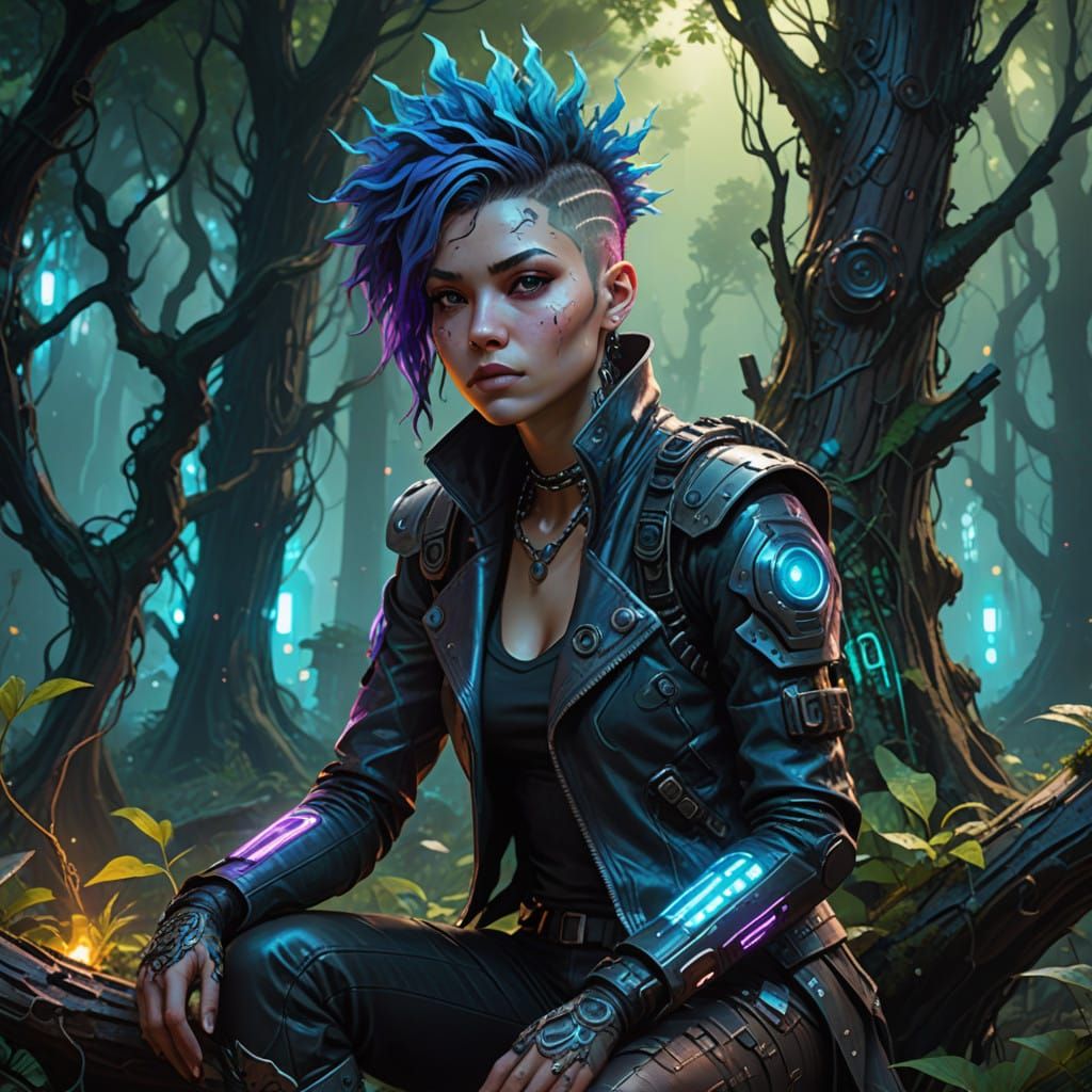 Cyberpunk Fairy in Gnarled, Neon Forest