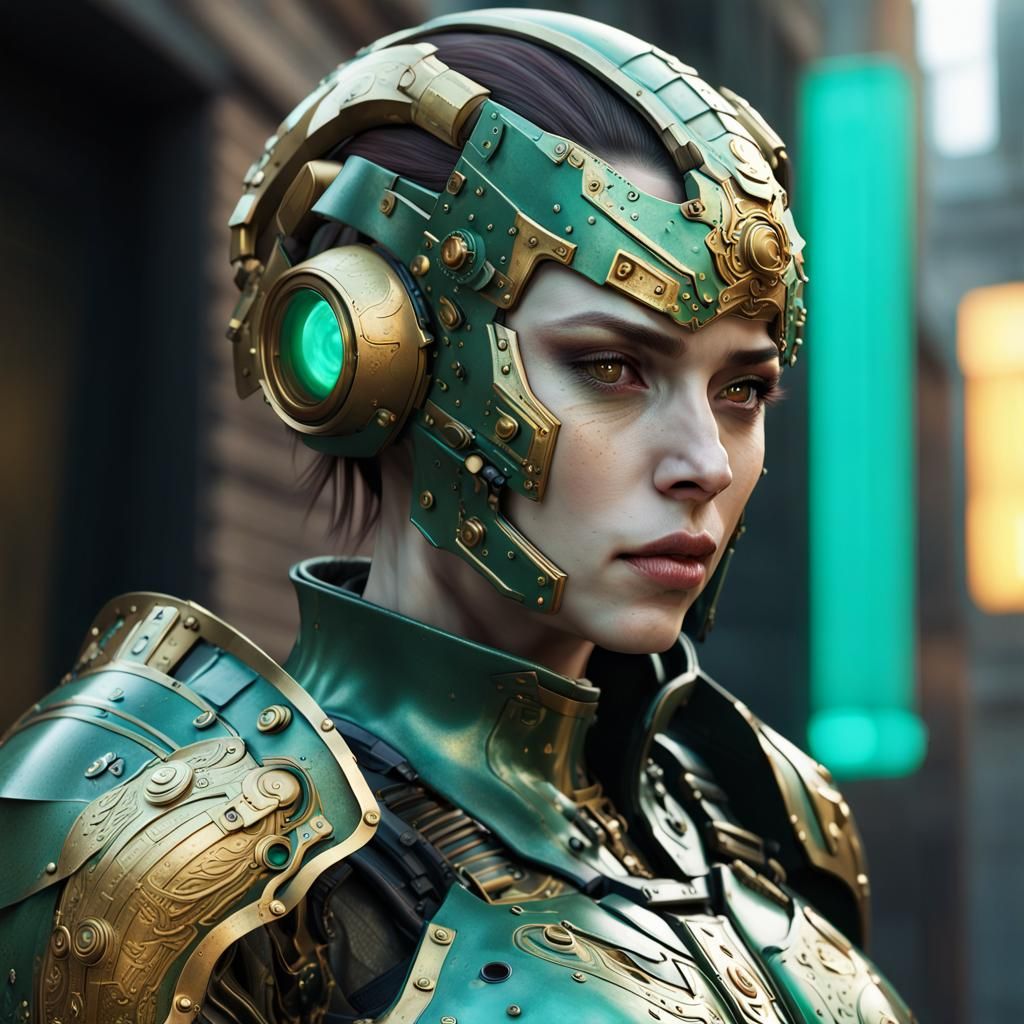 Cyberpunk Character Portrait in Patina Green and Gold