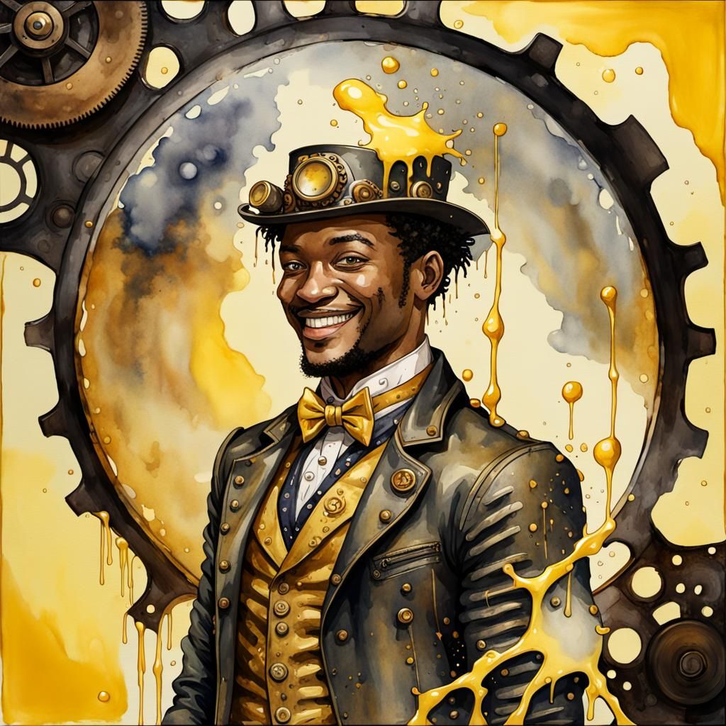 Steampunk Man with Gold Disk in Watercolor Style