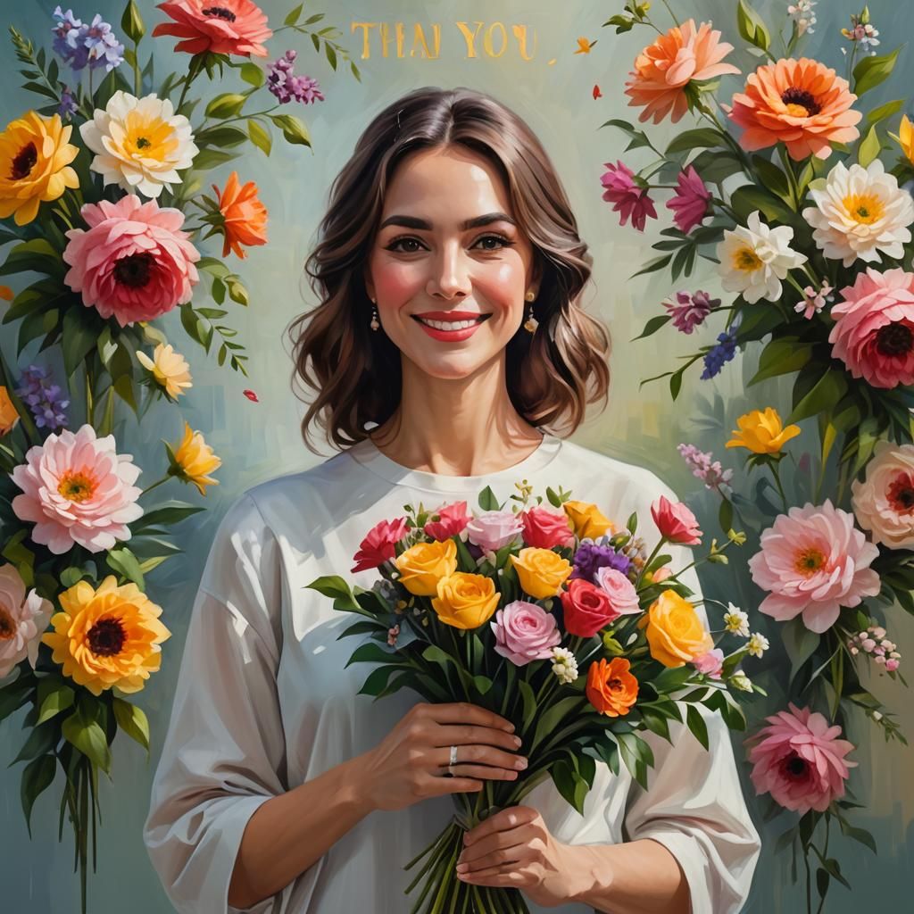 Elegant Lady Holds Flowers: Oil on Canvas