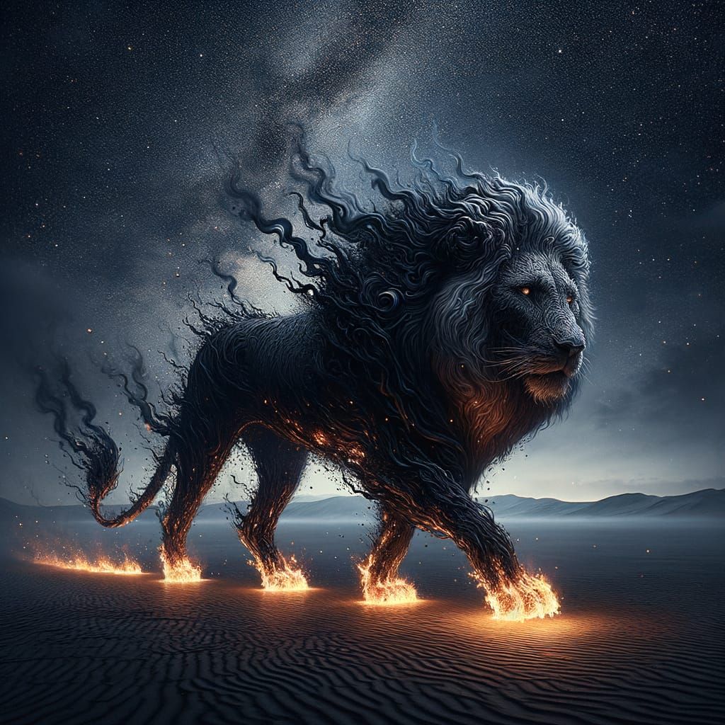 Ethereal Burning Lion Striding Across Barren Desert