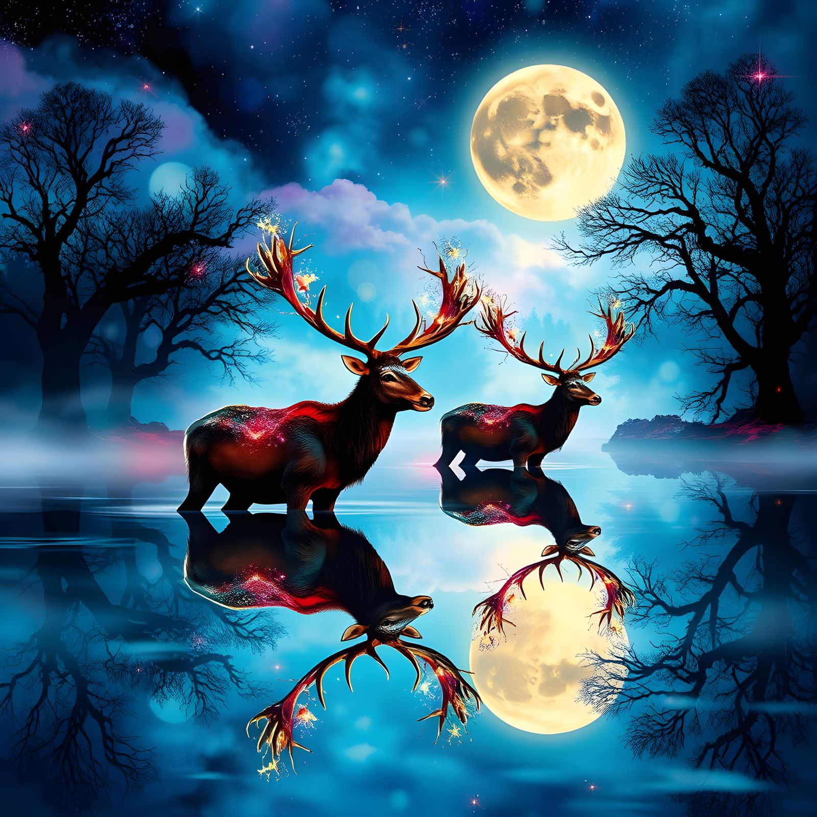 Cosmic Stags in Holographic Astral Illustration