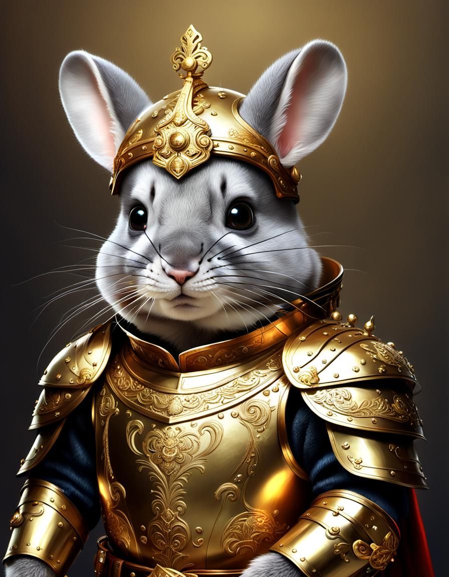 Medieval Chinchilla in Golden Armor: 3D Render
