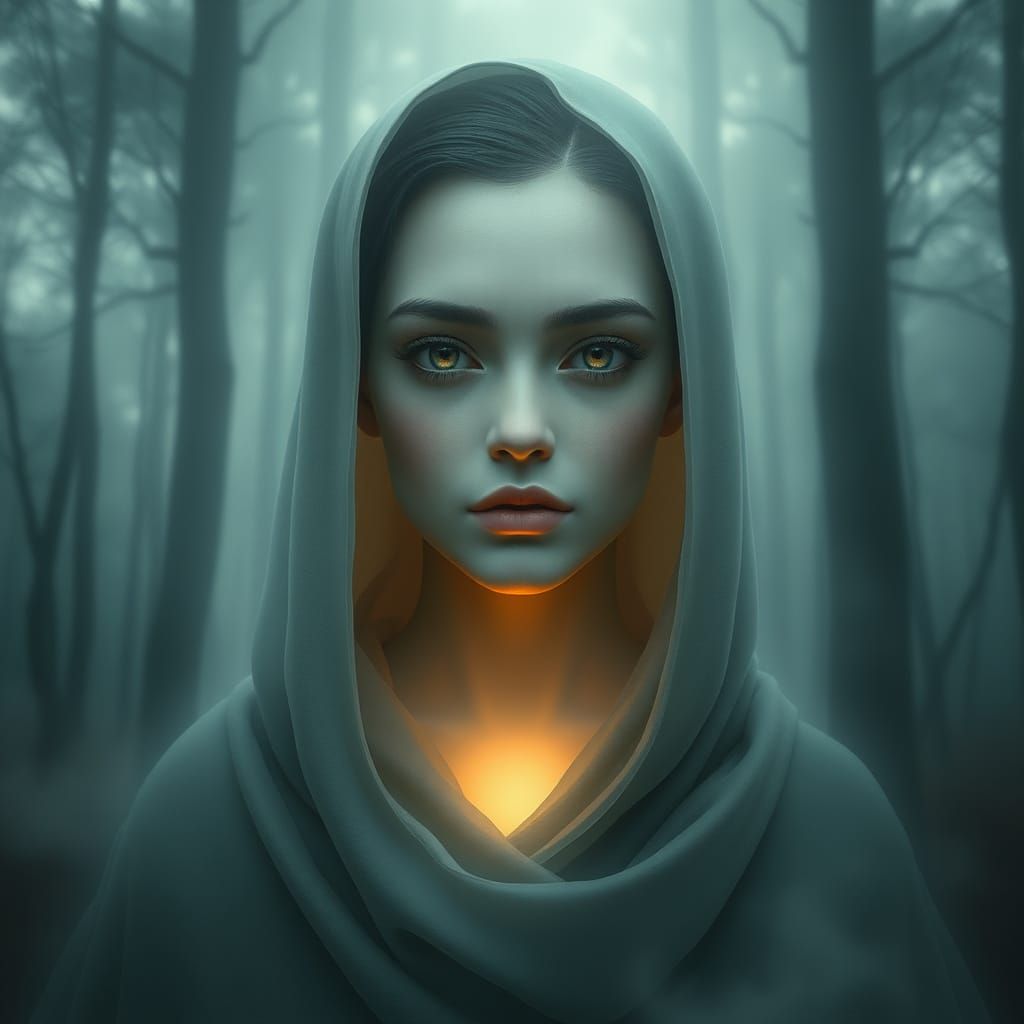Ethereal Portrait in Misty Forest, Dreamy Art