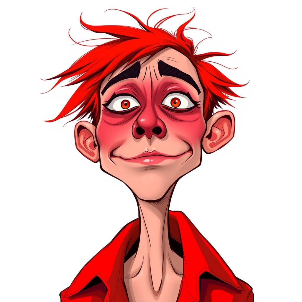 Red Caricature with Exaggerated Features in Surreal Style