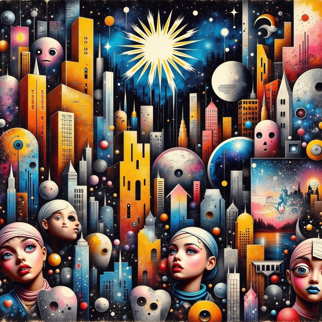 Surrealist Cityscape in Bold, Clashing Colors