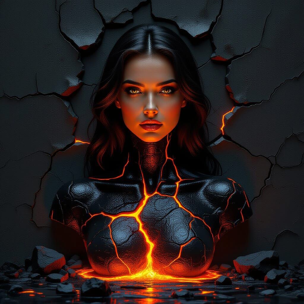 Obsidian Woman Portrait with Magma Veins