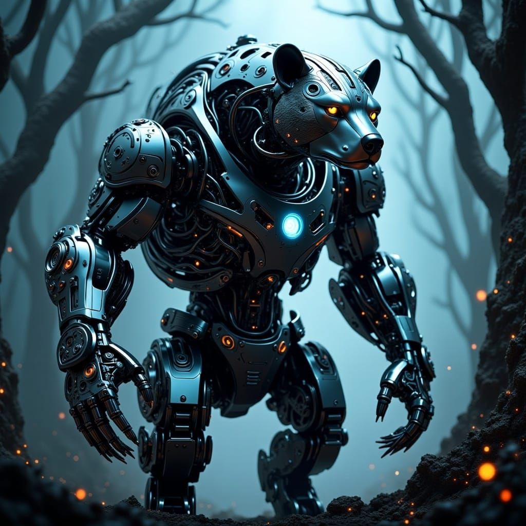 Cyborg Bear in Neon Forest: Biomechanical Fusion