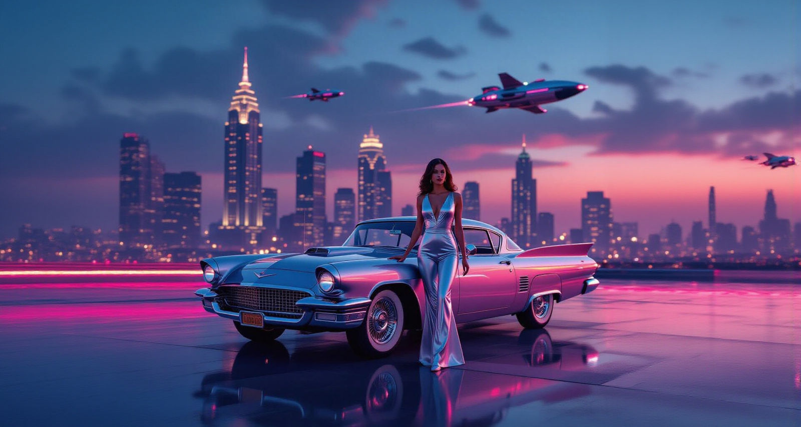 Glamorous Woman in Retro-Futuristic City with Rocket-Car