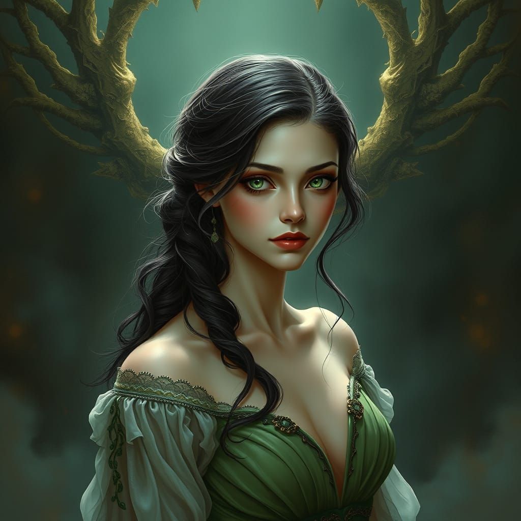 Enigmatic Green-Eyed Woman in Elegant Fantasy Attire