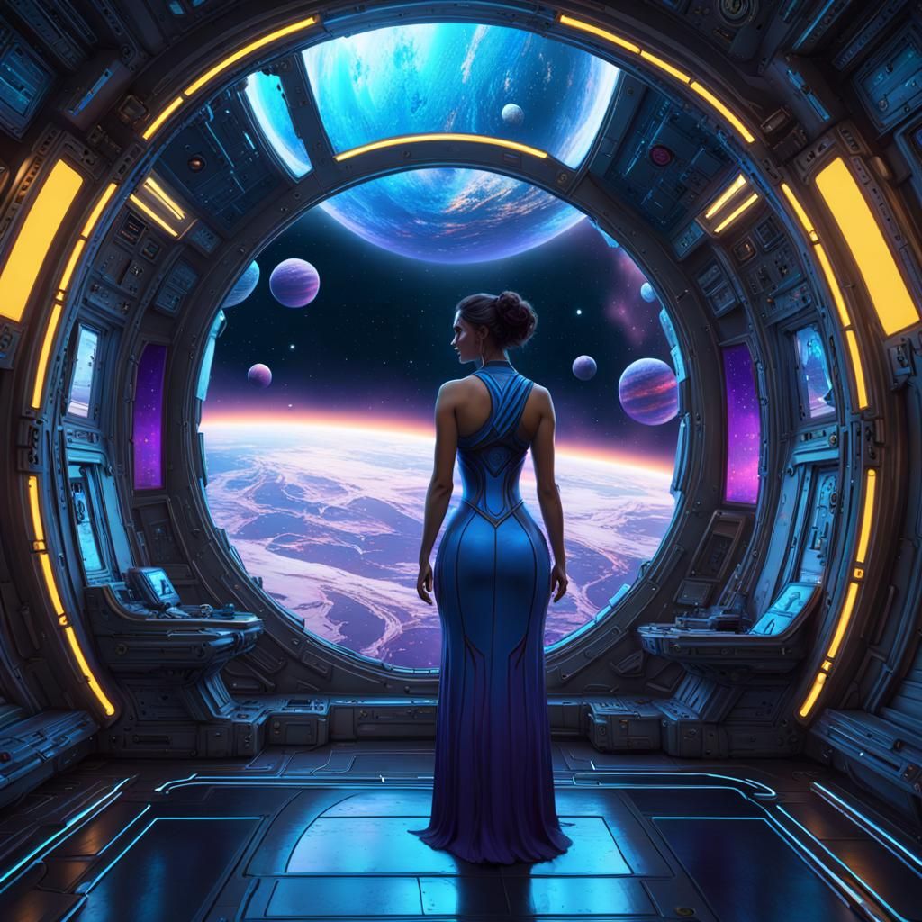 Gothic Woman in Space Station with Neon Planets