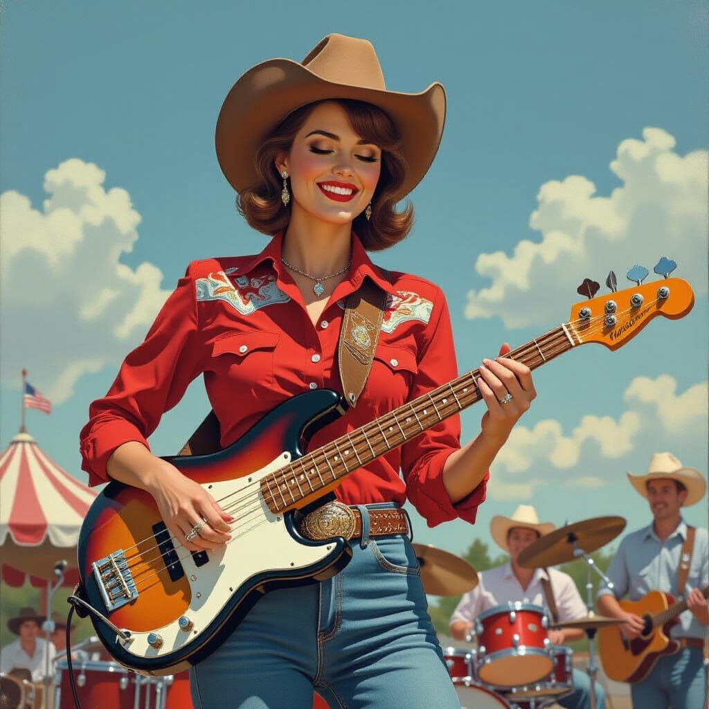Retro Oil Painting of Woman Playing Bass
