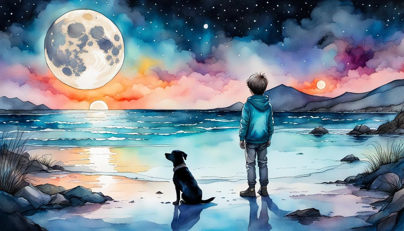 Boy and Dog on Moonlit Shore, Astral Illustration