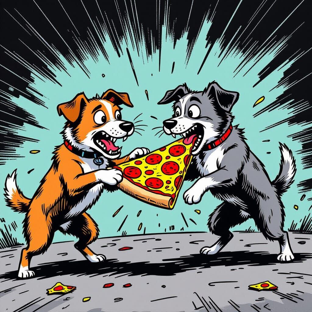 Dogs Battle for Pizza Slice in Comic Book Style