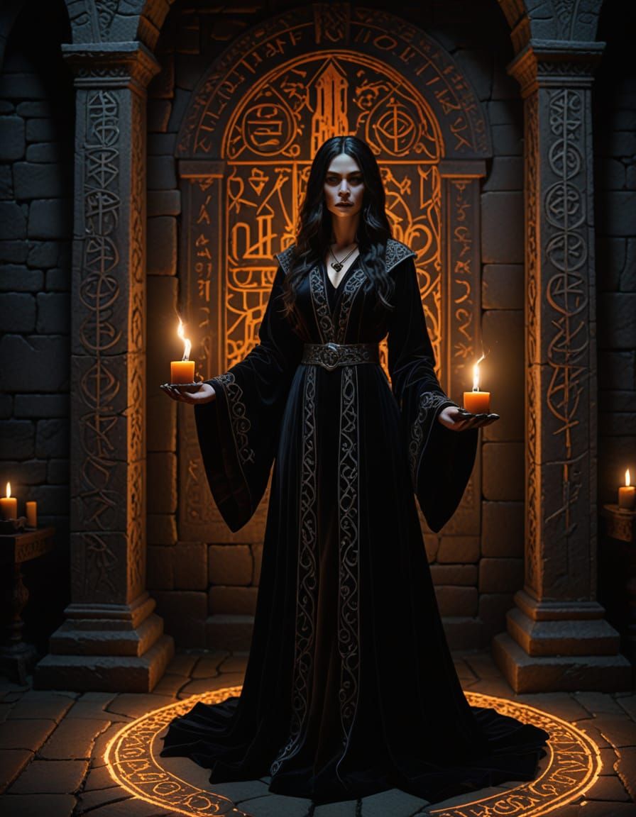 Beautiful Witch in Dark Ritual Chamber with Spellbook