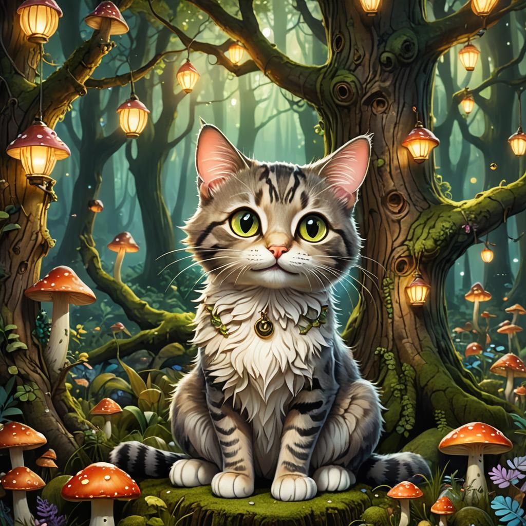 Whimsical Cartoon Cat in a Fantastical Forest