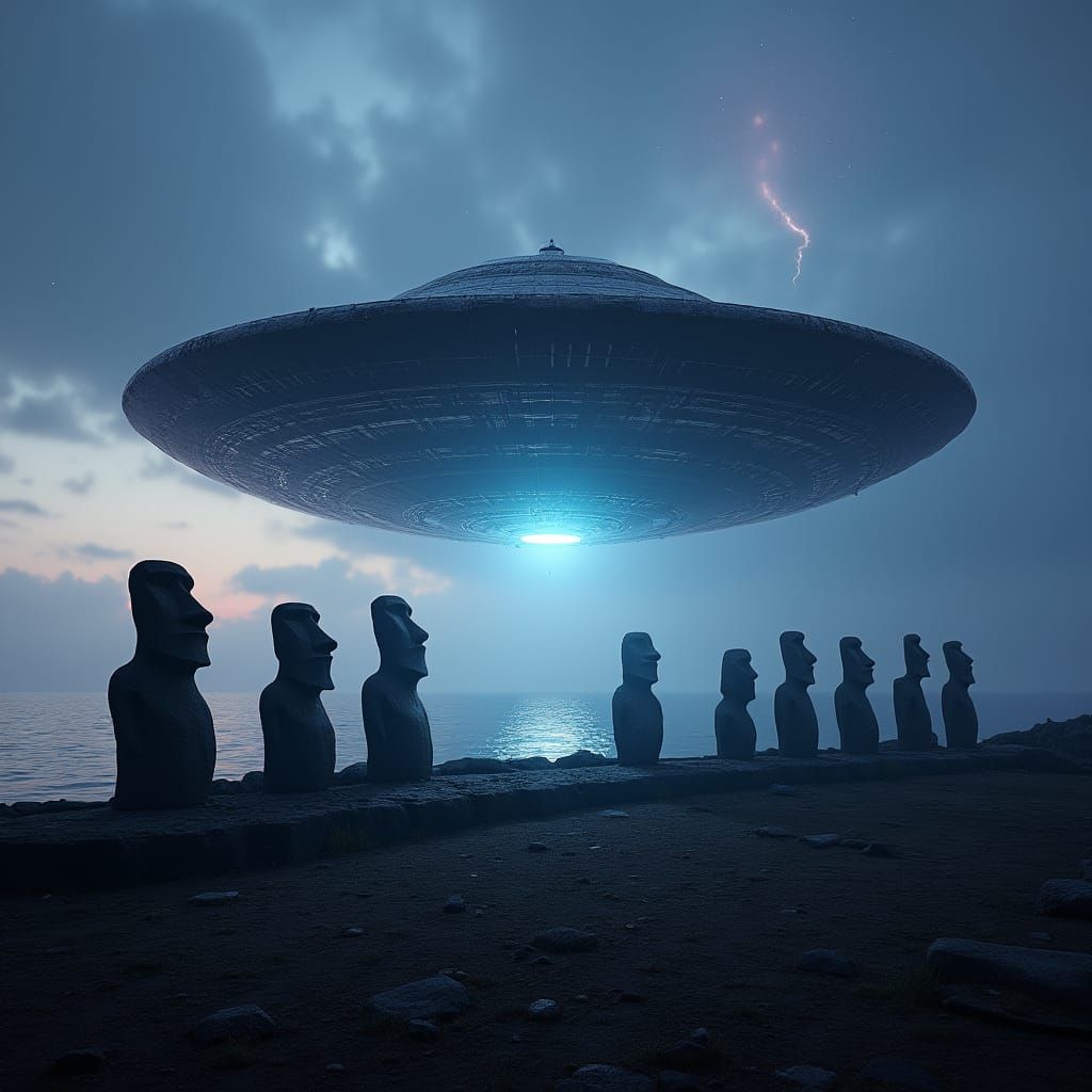Alien Spaceship Over Easter Island Moai Statues