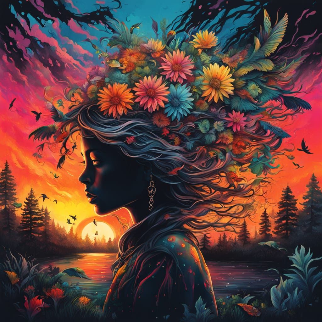 Sunset Forest Gypsy Woman in Graffiti Art Style