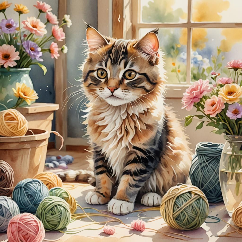 Whimsical Watercolor Kitty Cat Playing with Yarn