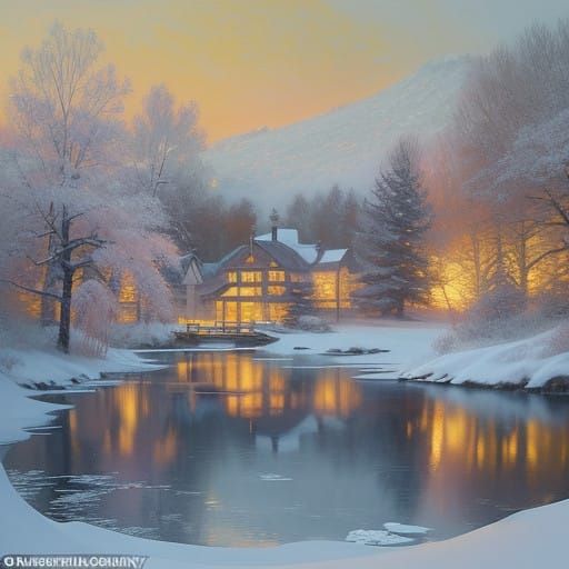 Serene Winter Scene in Impressionist Style with Delicate Bru...