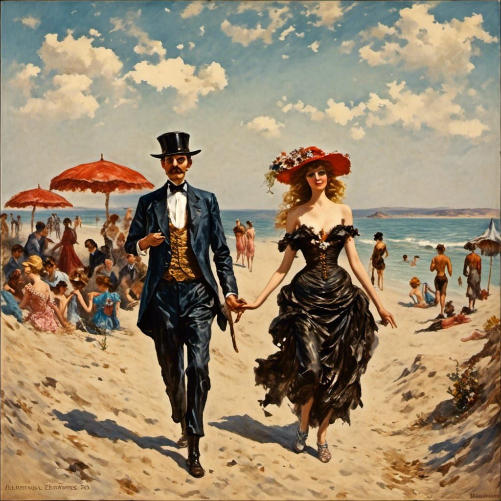 Vintage Photograph of Couple Walking on Beach