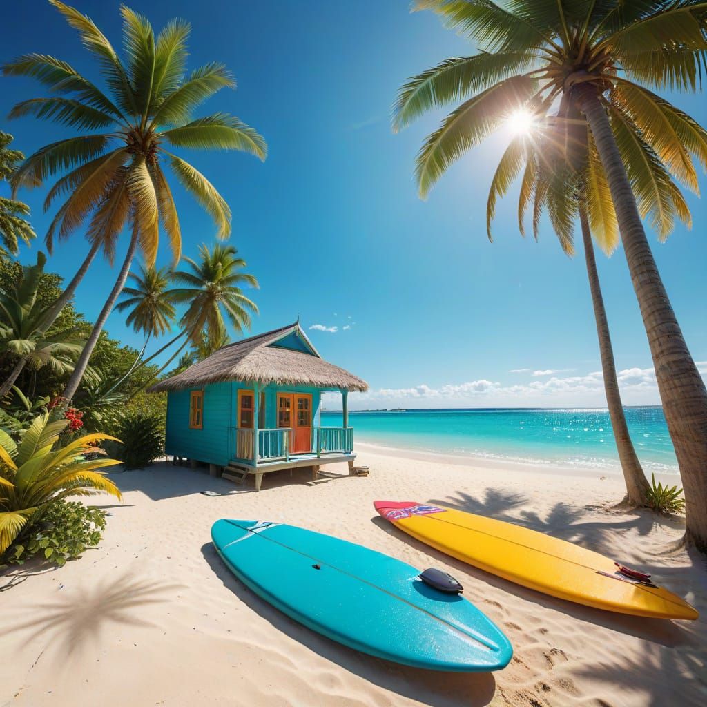 Vibrant Tropical Beach Paradise with Palm Trees