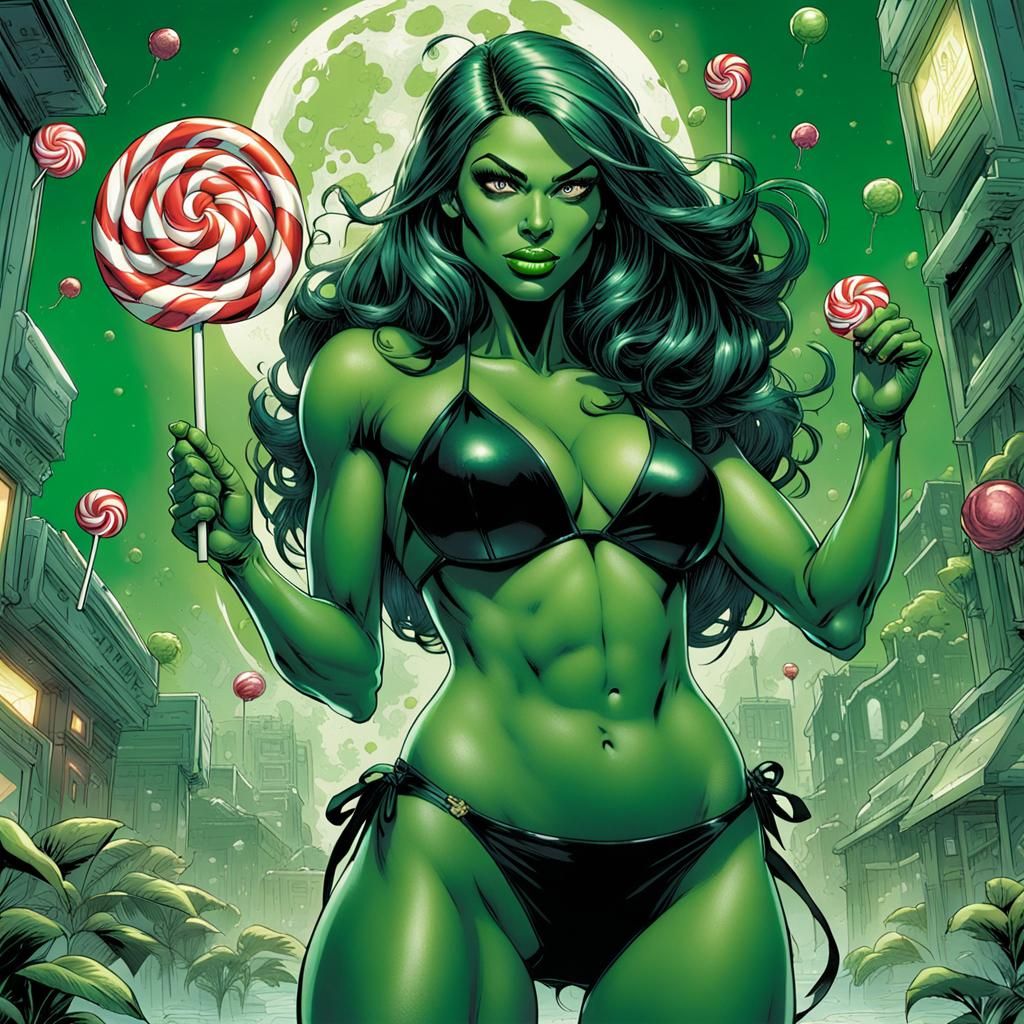 Green-Skinned Woman in Black Bikini Comic Art