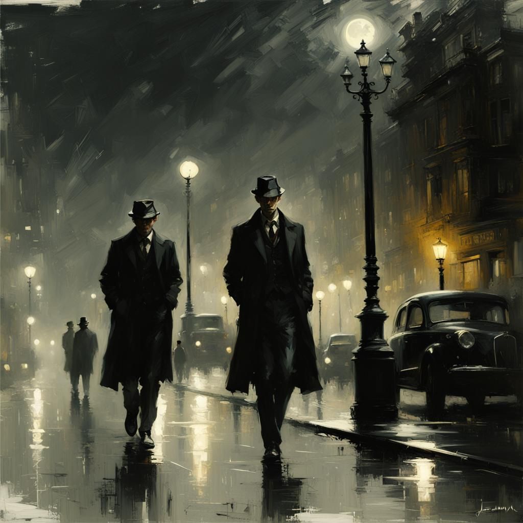 Detective in Dark London Street Under Moonlight