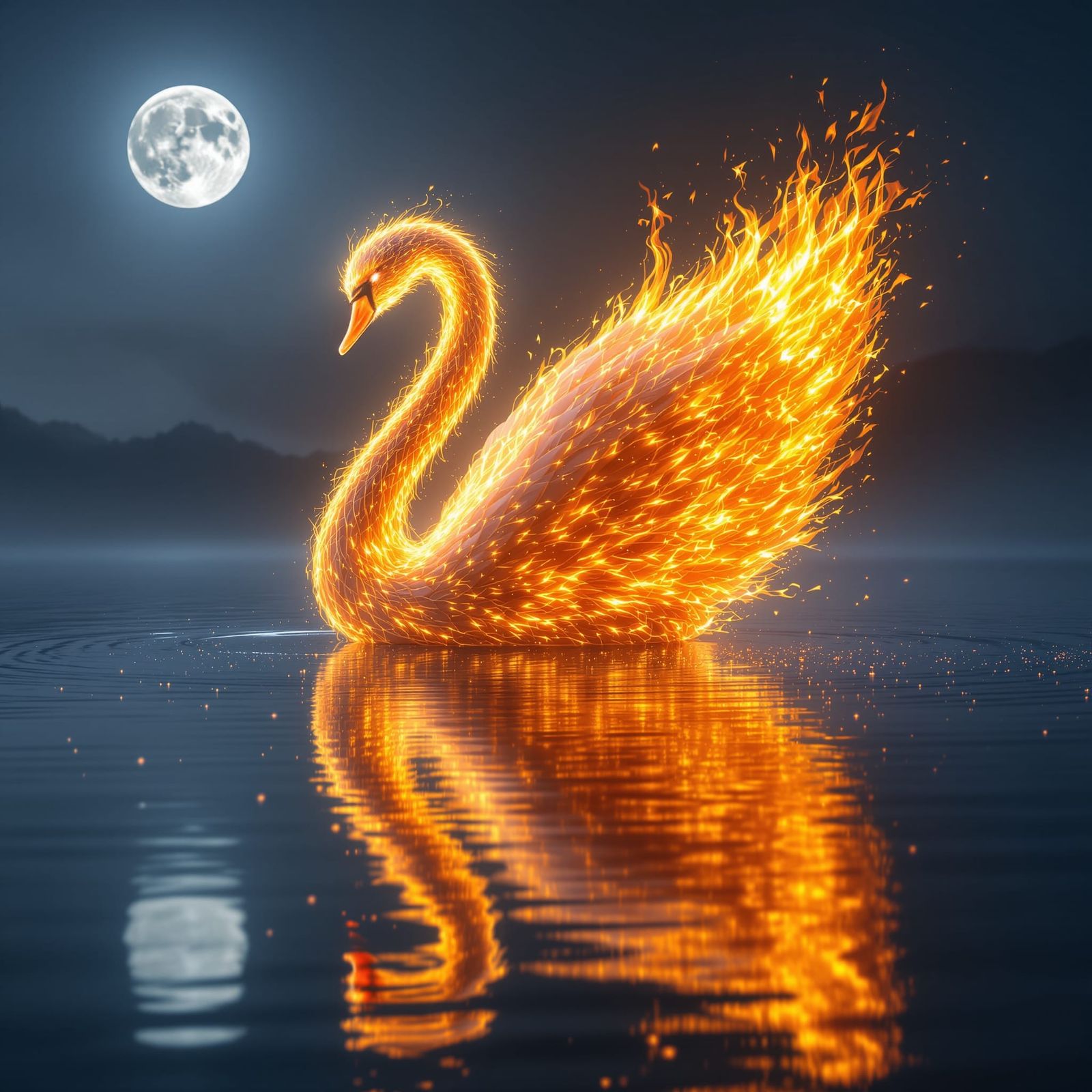 Majestic Fire Swan Reflects Under Full Moon