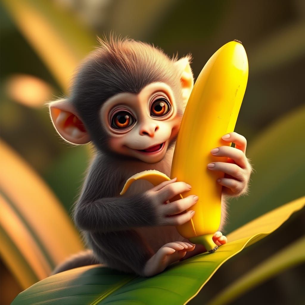 Surreal 3D Anime Art of Baby Monkey Enjoying Banana Snack