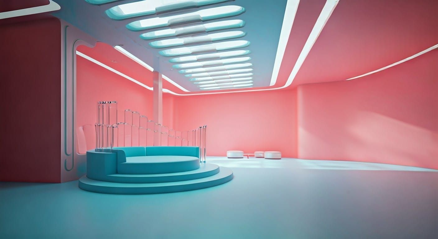 Futuristic Pink and Blue Interior with Glass Ceiling