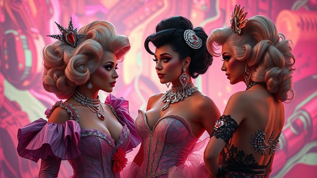 Drag Queens in Lavish Attire Gaze Longingly at Elegant Dress...