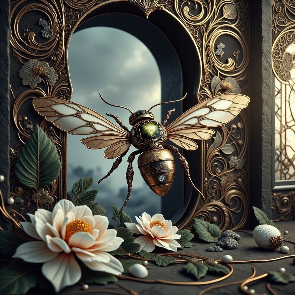 Majestic Metal Bee Amidst Lush Bloom