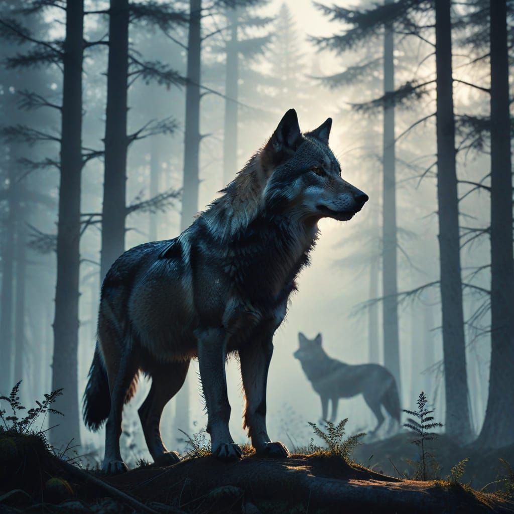 Wolf Silhouette Double Exposure with Misty Forest