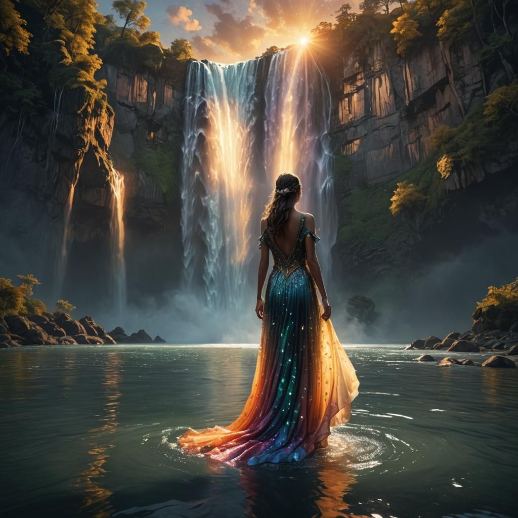 Woman in Luminous Dress at Sunset Waterfall