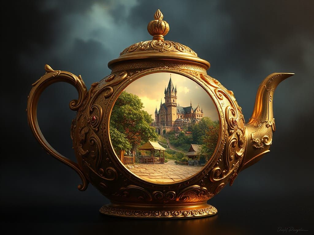 Magical Golden Teapot Kingdom in Hyperrealistic Style