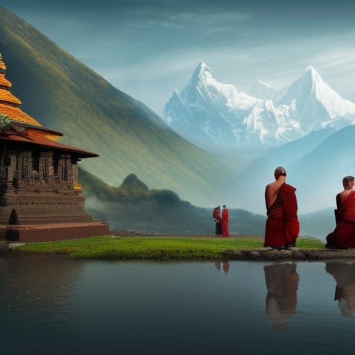 Praying Monks in Nepal: Fantasy Concept Art